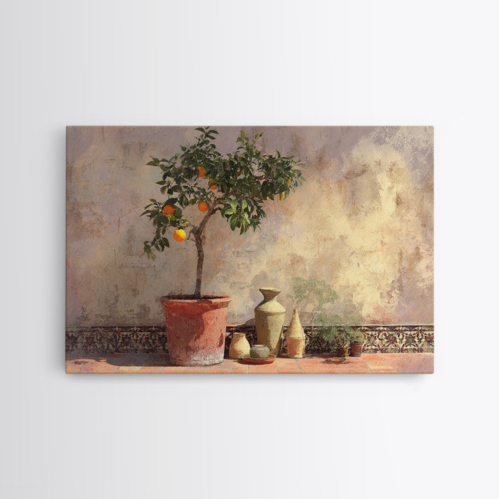 Orange Tree in a Courtyard Planter Framed Canvas Print, Italian Villa Art, Textured Painting, Living Room Decor, Villa, IVA-3x2-18