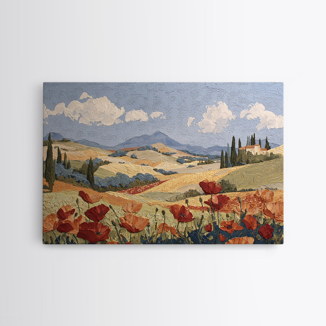 Tuscan Poppy Field Framed Canvas Print, Italian Villa Art, Printable Wall Art, Living Room Decor, Villa, Coastal Wall Art, IVA-3x2-19
