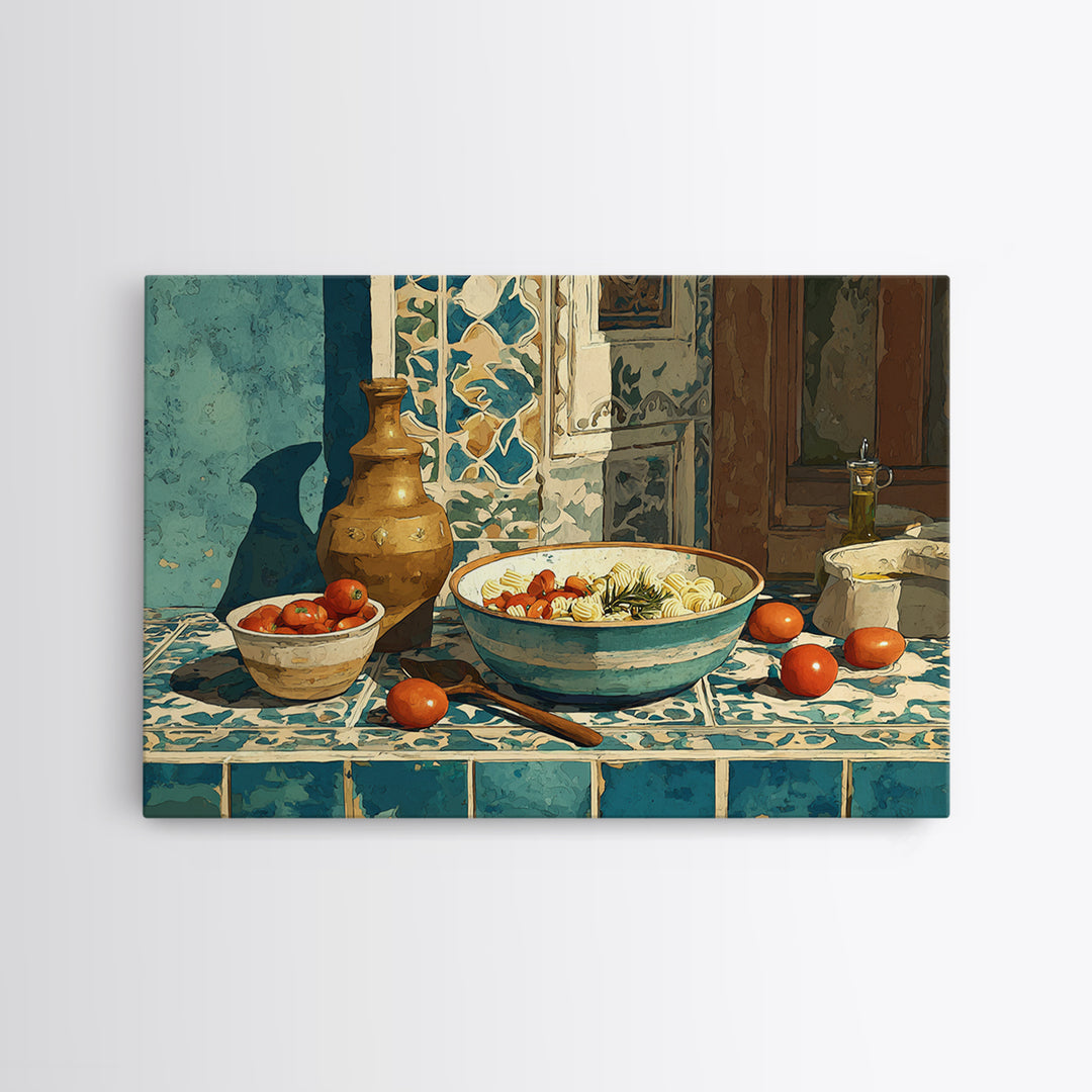 Pasta Herbs and Tomatoes Still Life Framed Canvas Print, Italian Villa Art, Room Decor, Living Room Decor, Fine Art, Villa, IVA-3x2-23