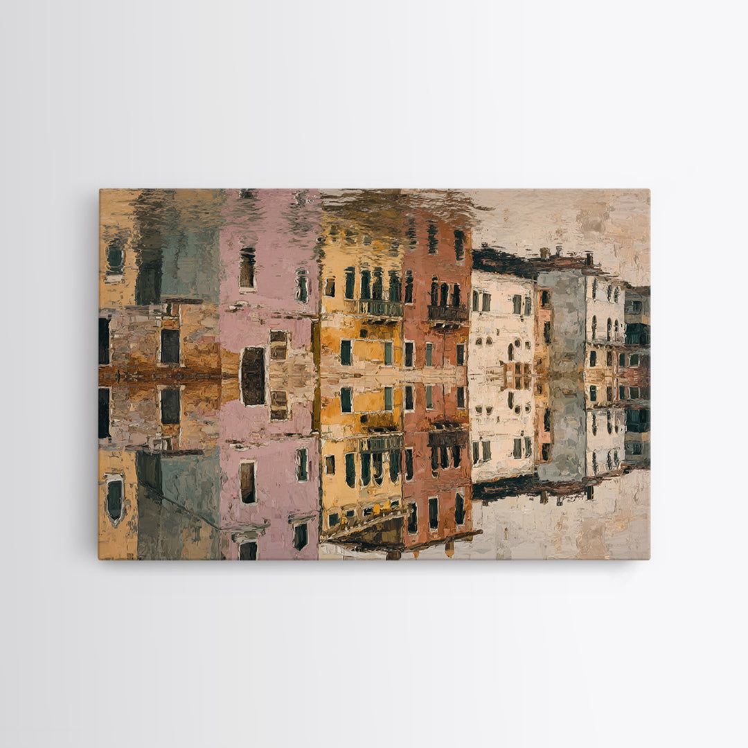 Venetian Canal Reflection Without City Crowd Canvas Print, Italian Villa Art, Textured Painting, Living Room Decor, Villa, IVA-3x2-24
