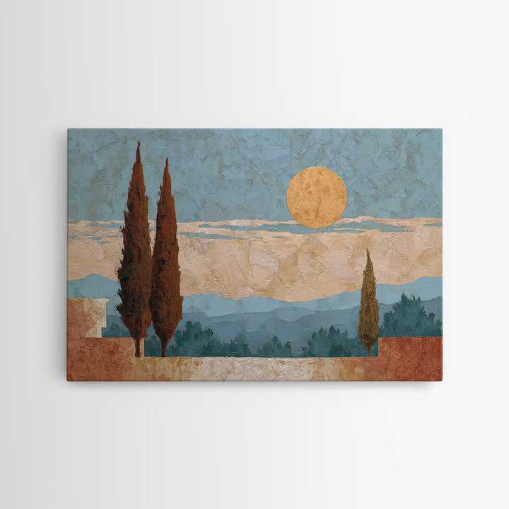 Cypress Silhouette at Sunset Framed Canvas Print, Italian Villa Art, Oil Painting, Living Room Decor, Abstract Art, Villa, IVA-3x2-25