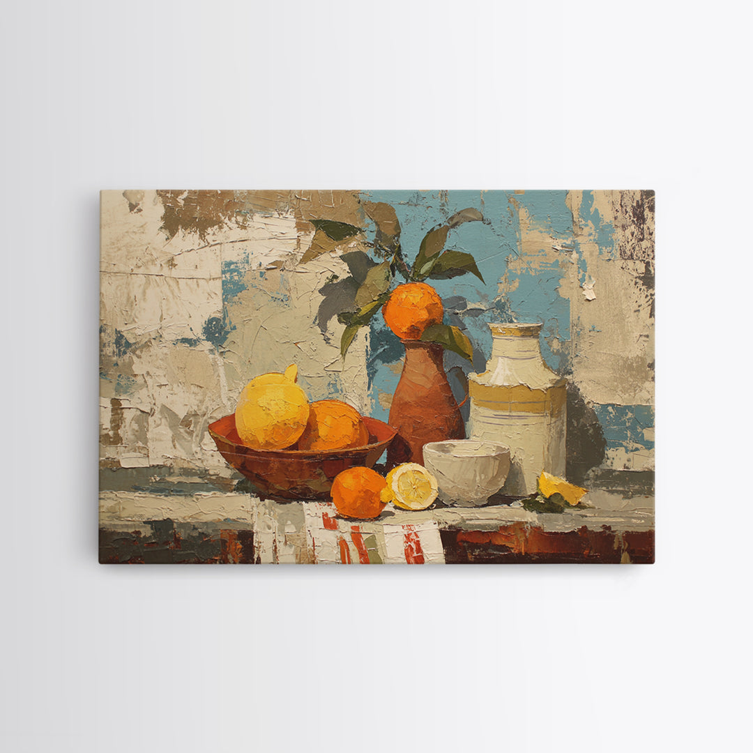 Coastal Lemons and Striped Cloth Arrangement Framed Canvas Print, Italian Villa Art, Boho Decor, Living Room Decor, Villa, IVA-3x2-28