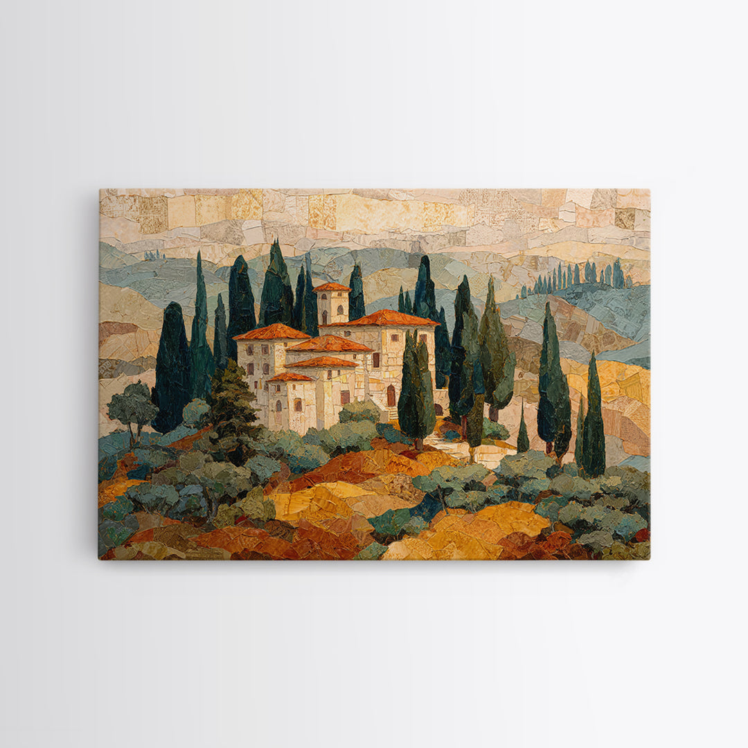 Tuscan Hillside with Cypress Trees and Golden Canvas Print, Italian Villa Art, Living Room Wall Art, Living Room Decor, Villa, IVA-3x2-29