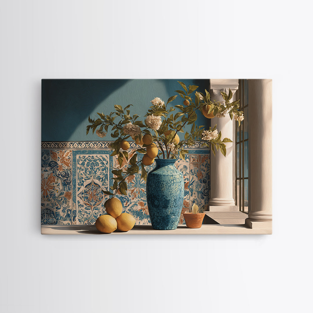 Lemon Branch in Blue Ceramic Vase Canvas Print, Italian Villa Art, Large Wall Art, Living Room Decor, Oil Painting, Villa, IVA-3x2-30