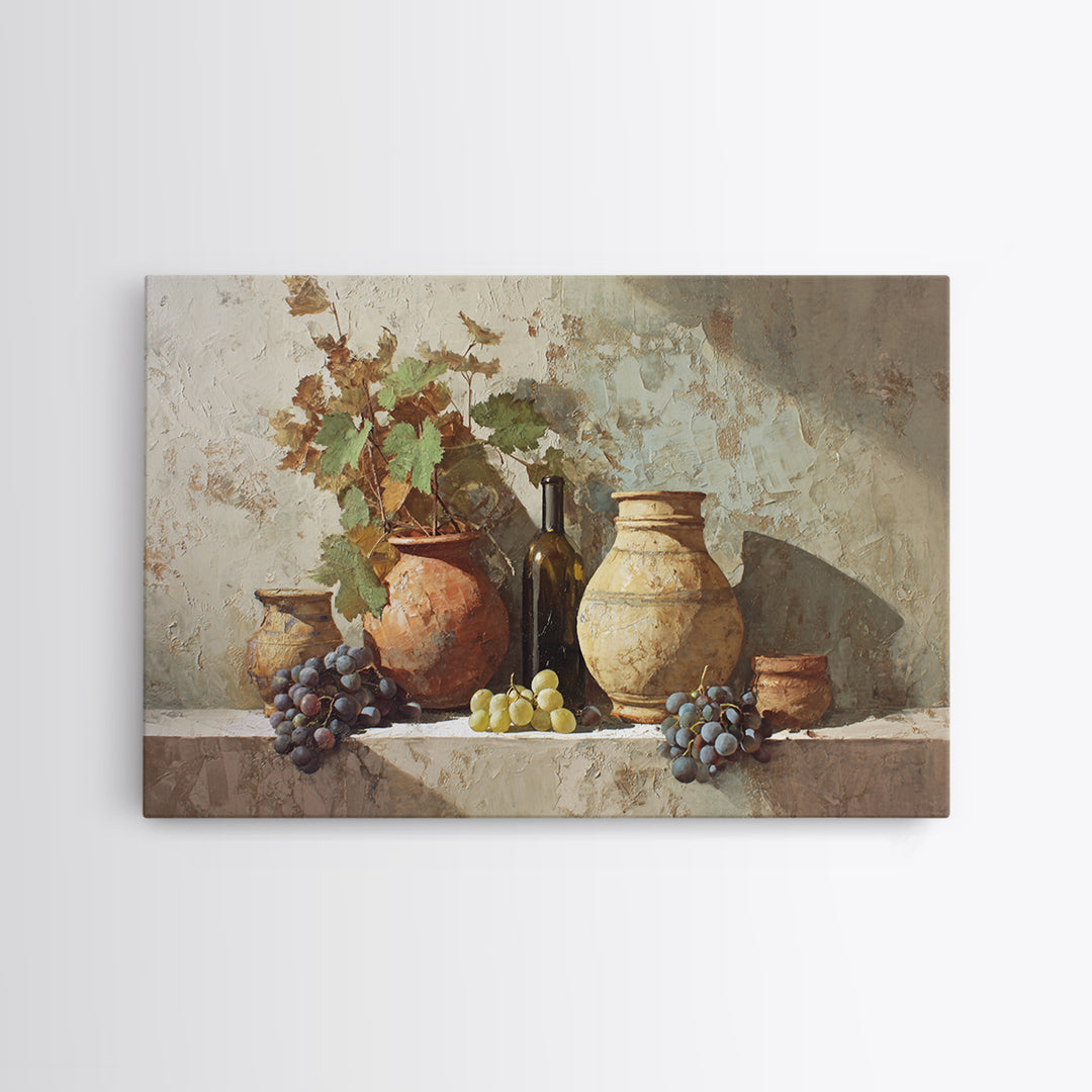 Grapevine and Wine Still Life on Linen Framed Canvas Print, Italian Villa Art, Digital Wall Art, Living Room Decor, IVA-3x2-35
