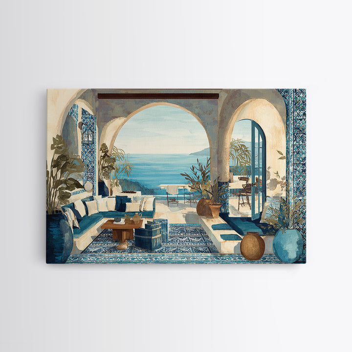 Mediterranean Arch Framing Blue Sea Framed Canvas Print, Italian Villa Art, Contemporary Art, Living Room Decor, Villa, IVA-3x2-36