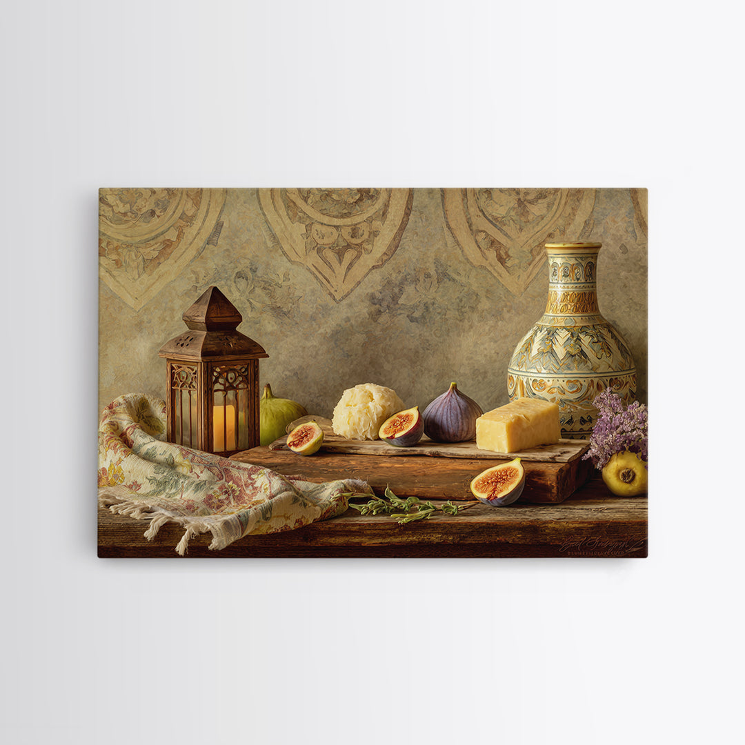 Figs and Cheese on Rustic Wooden Board Canvas Print, Italian Villa Art, Framed Wall Art, Living Room Decor, Oil Painting, Villa, IVA-3x2-37