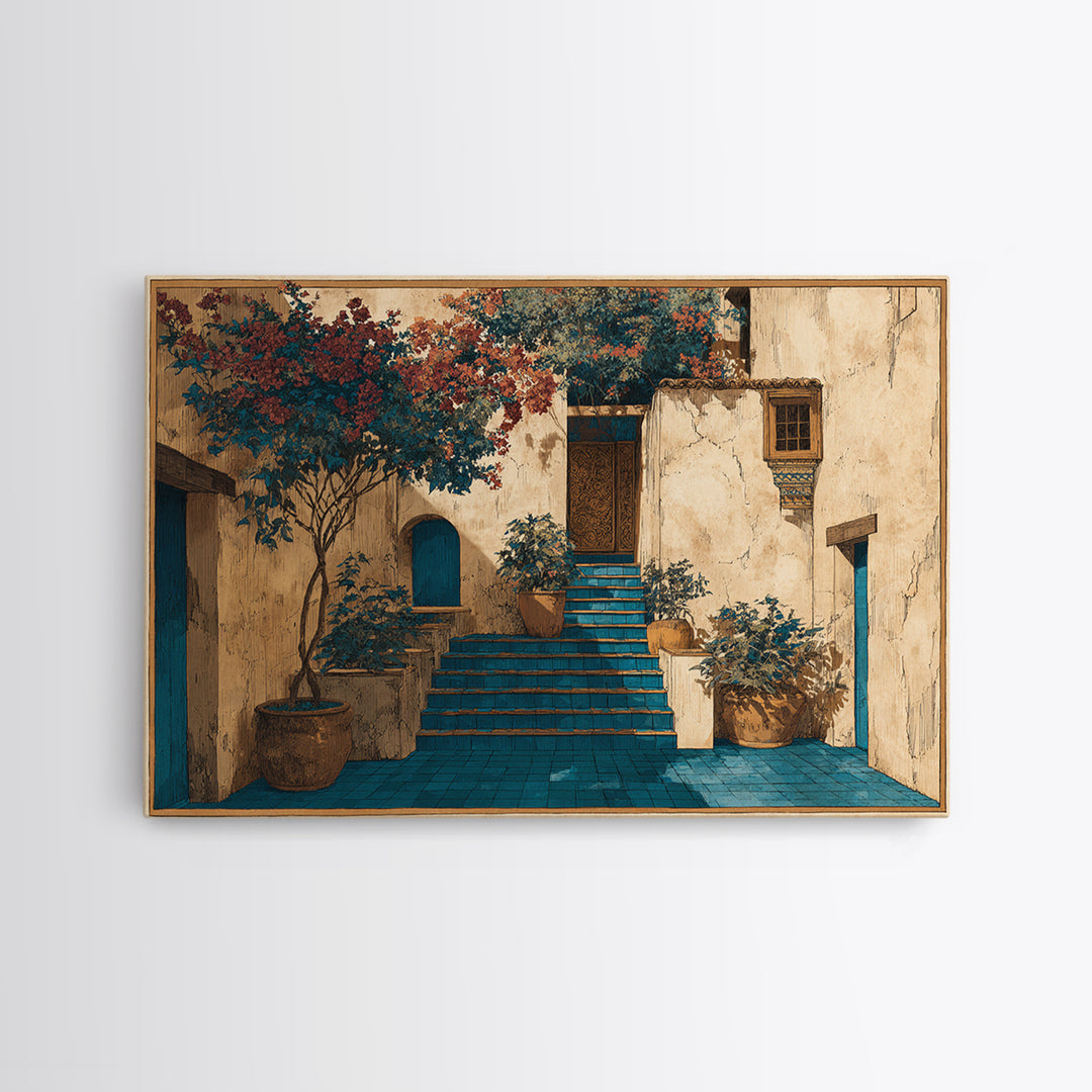 Sunlit Stone Stairway Framed Canvas Print, Italian Villa Art, Bedroom Wall Art, Living Room Decor, Villa, Travel Poster, IVA-3x2-39