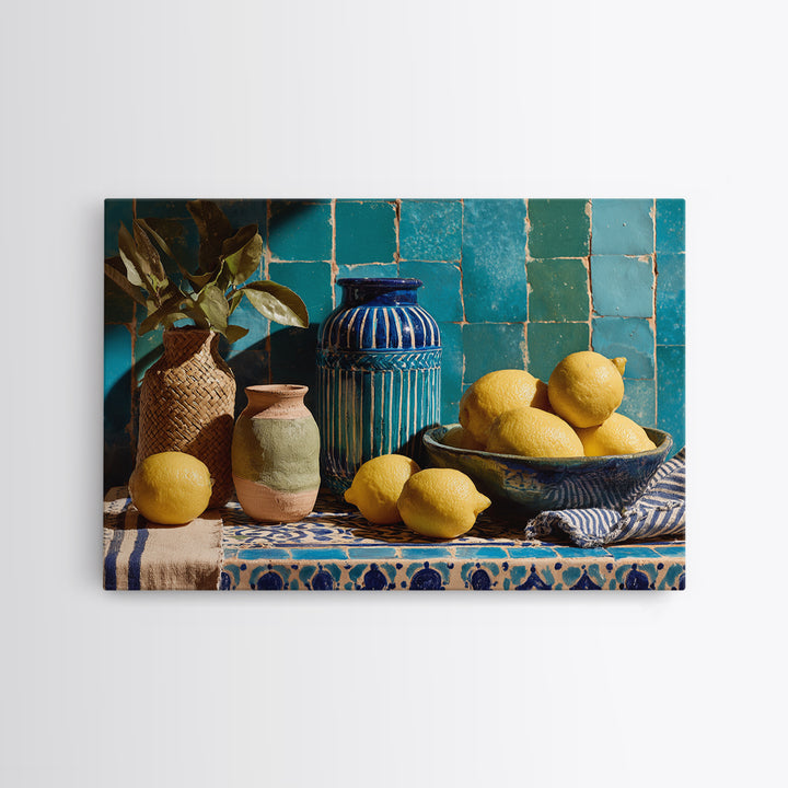 Coastal Lemons and Striped Cloth Arrangement Canvas Print, Italian Villa Art, Gallery Decor, Living Room Decor, Oil Painting, IVA-3x2-4