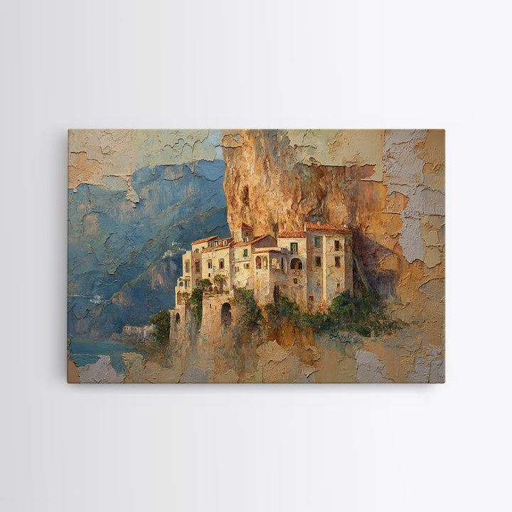 Amalfi Coast Cliffs Framed Canvas Print, Italian Villa Art, Printable Art, Living Room Decor, Watercolor Art, Villa, IVA-3x2-41