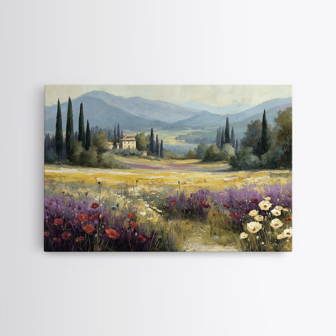 Tuscan Poppy Field Canvas Print, Italian Villa Art, Framed Wall Art, Living Room Decor, Abstract Art, Villa, Colorful Wall Art, IVA-3x2-43