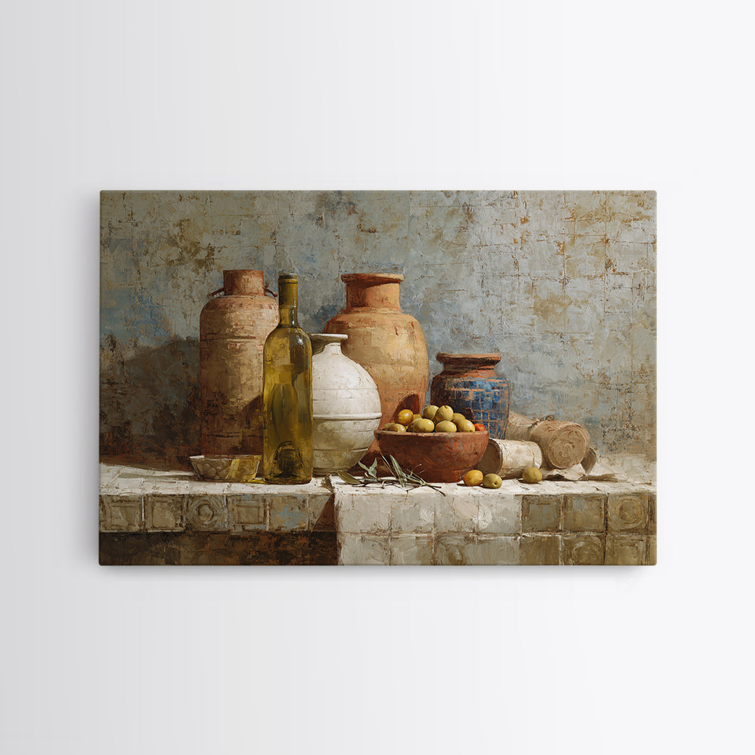 White Wine and Olives Still Life Canvas Print, Italian Villa Art, Wall Art Prints, Living Room Decor, Watercolor Art, Villa, IVA-3x2-44