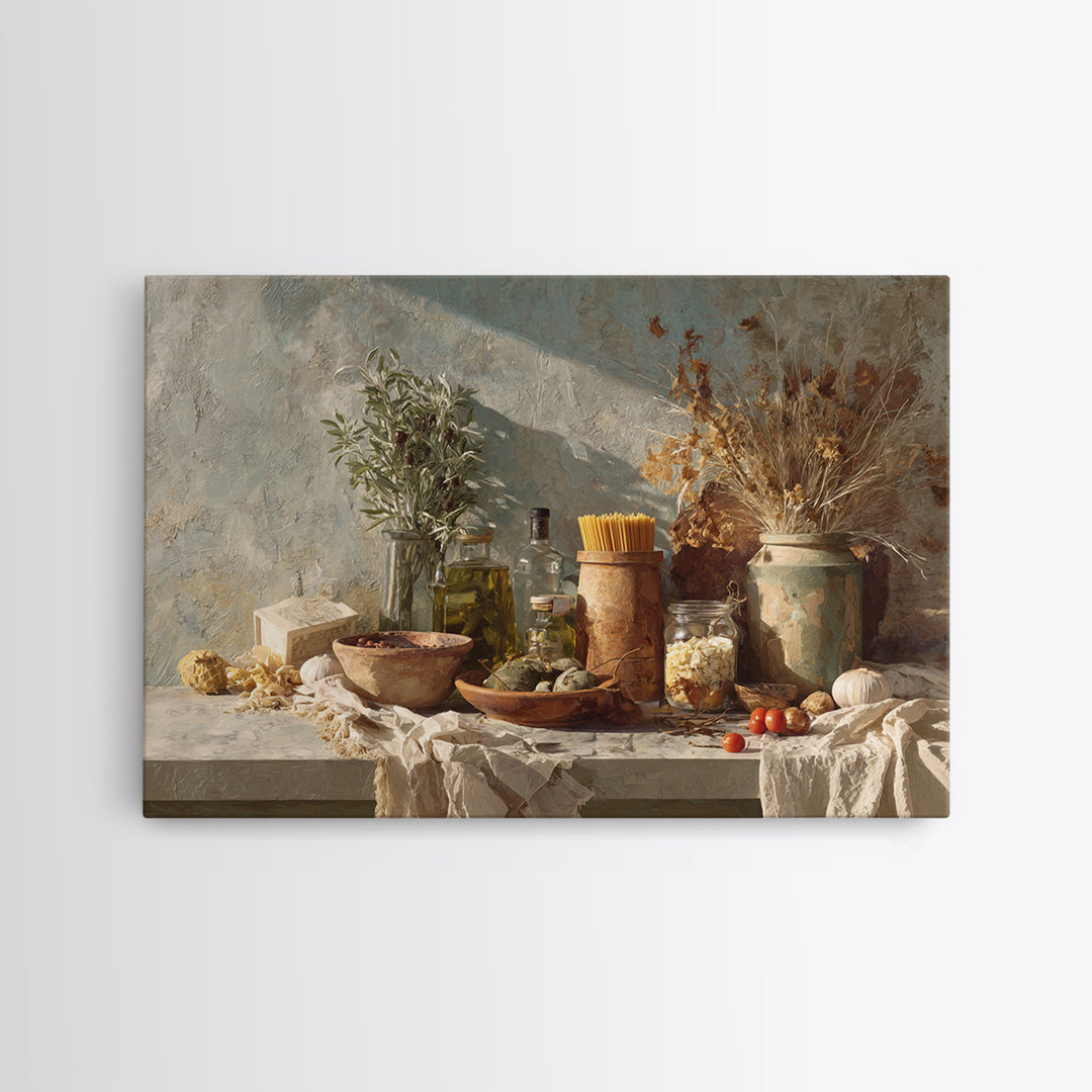 Pasta Herbs and Tomatoes Still Life Framed Canvas Print, Italian Villa Art, Colorful Wall Art, Living Room Decor, Oil Painting, IVA-3x2-47