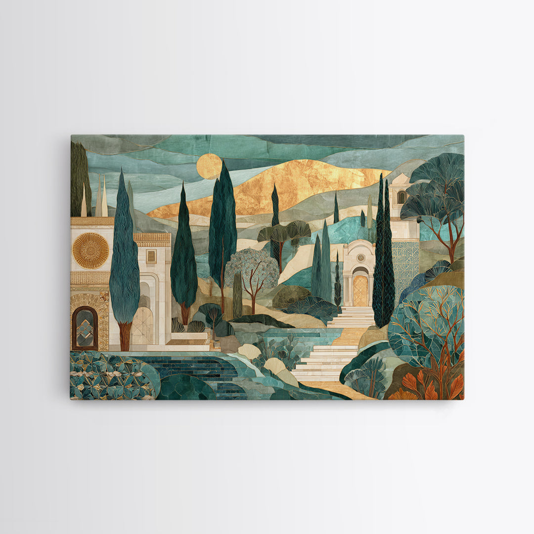 Tuscan Hillside with Cypress Trees and Golden Canvas Print, Italian Villa Art, Digital Wall Art, Living Room Decor, Villa, IVA-3x2-5