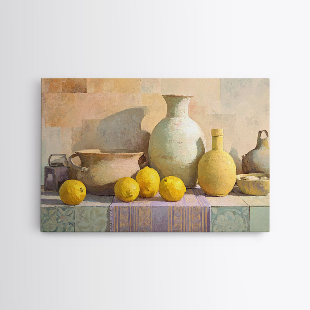 Coastal Lemons and Striped Cloth Arrangement Canvas Print, Italian Villa Art, Living Room Decor, Abstract Art, Villa, IVA-3x2-52