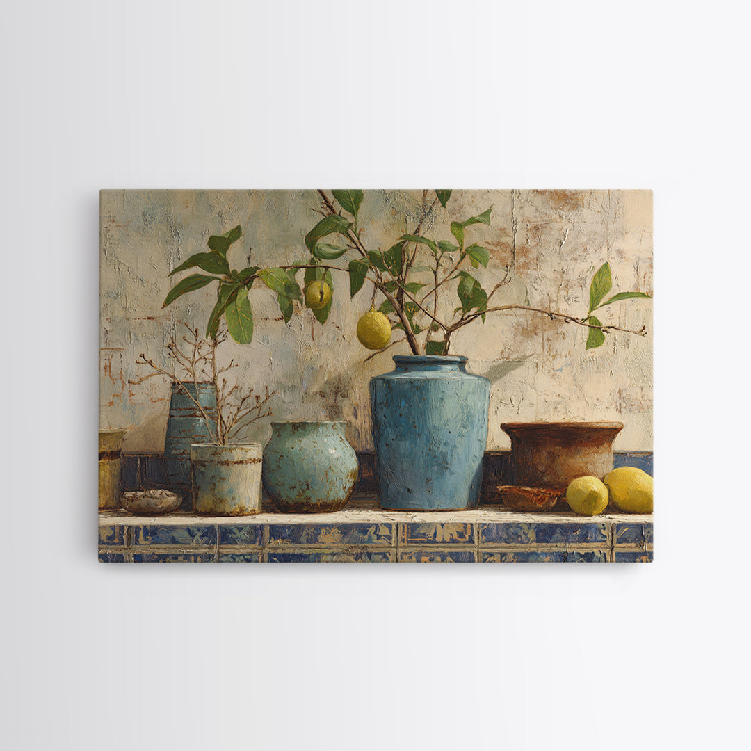 Lemon Branch in Blue Ceramic Vase Canvas Print, Italian Villa Art, Large Wall Art, Living Room Decor, Oil Painting, Villa, IVA-3x2-54