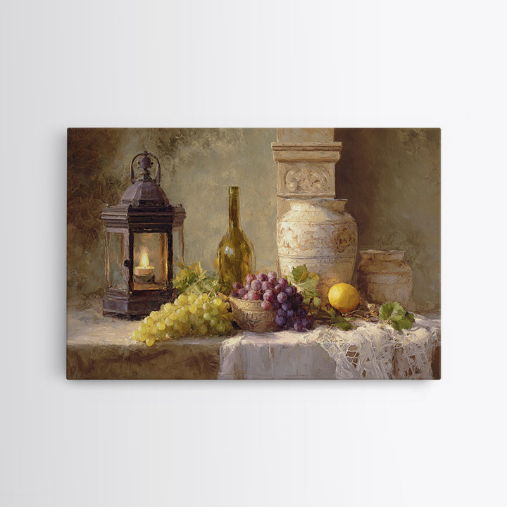 Grapevine and Wine Still Life on Linen Framed Canvas Print, Italian Villa Art, Farmhouse Wall Art, Living Room Decor, Villa, IVA-3x2-59