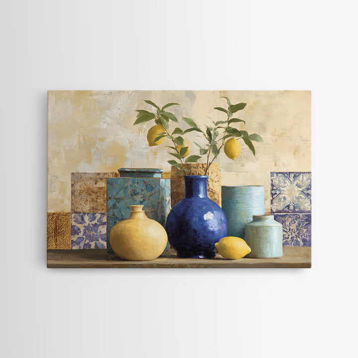 Lemon Branch in Blue Ceramic Vase Framed Canvas Print, Italian Villa Art, Contemporary Art, Living Room Decor, Fine Art, Villa, IVA-3x2-6