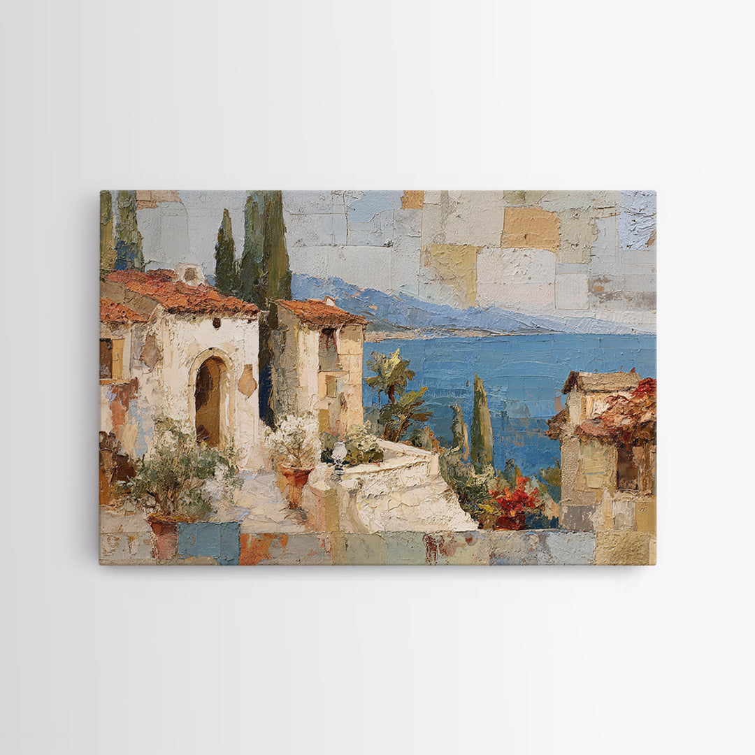 Mediterranean Arch Framing Blue Sea Framed Canvas Print, Italian Villa Art, Bedroom Wall Art, Living Room Decor, Villa, IVA-3x2-60