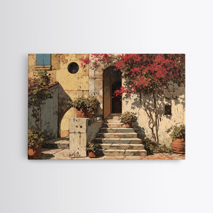 Sunlit Stone Stairway Framed Canvas Print, Italian Villa Art, Neutral Decor, Living Room Decor, Fine Art, Villa, IVA-3x2-63