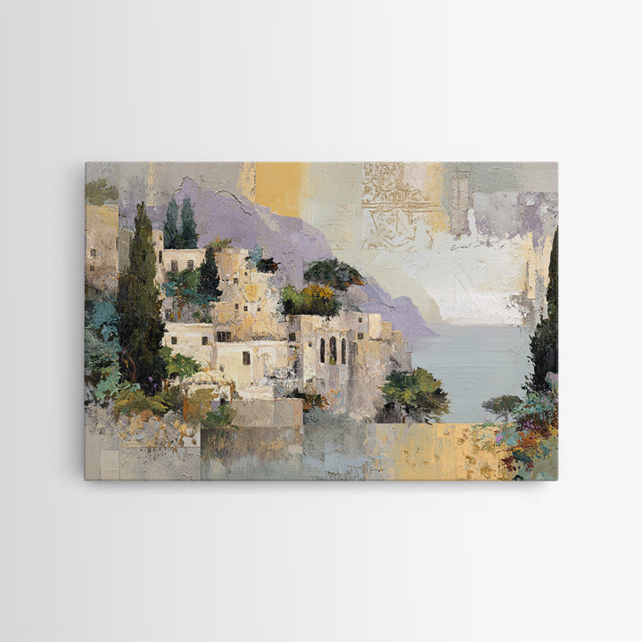 Amalfi Coast Cliffs Framed Canvas Print, Italian Villa Art, Printable Art, Living Room Decor, Watercolor Art, Villa, IVA-3x2-65