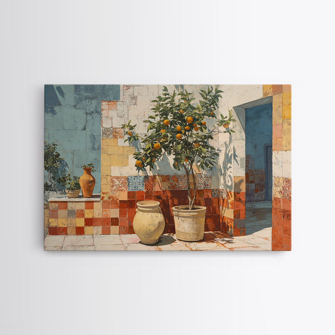 Orange Tree in a Courtyard Planter Canvas Print, Italian Villa Art, Original Painting, Living Room Decor, Fine Art, Villa, IVA-3x2-66