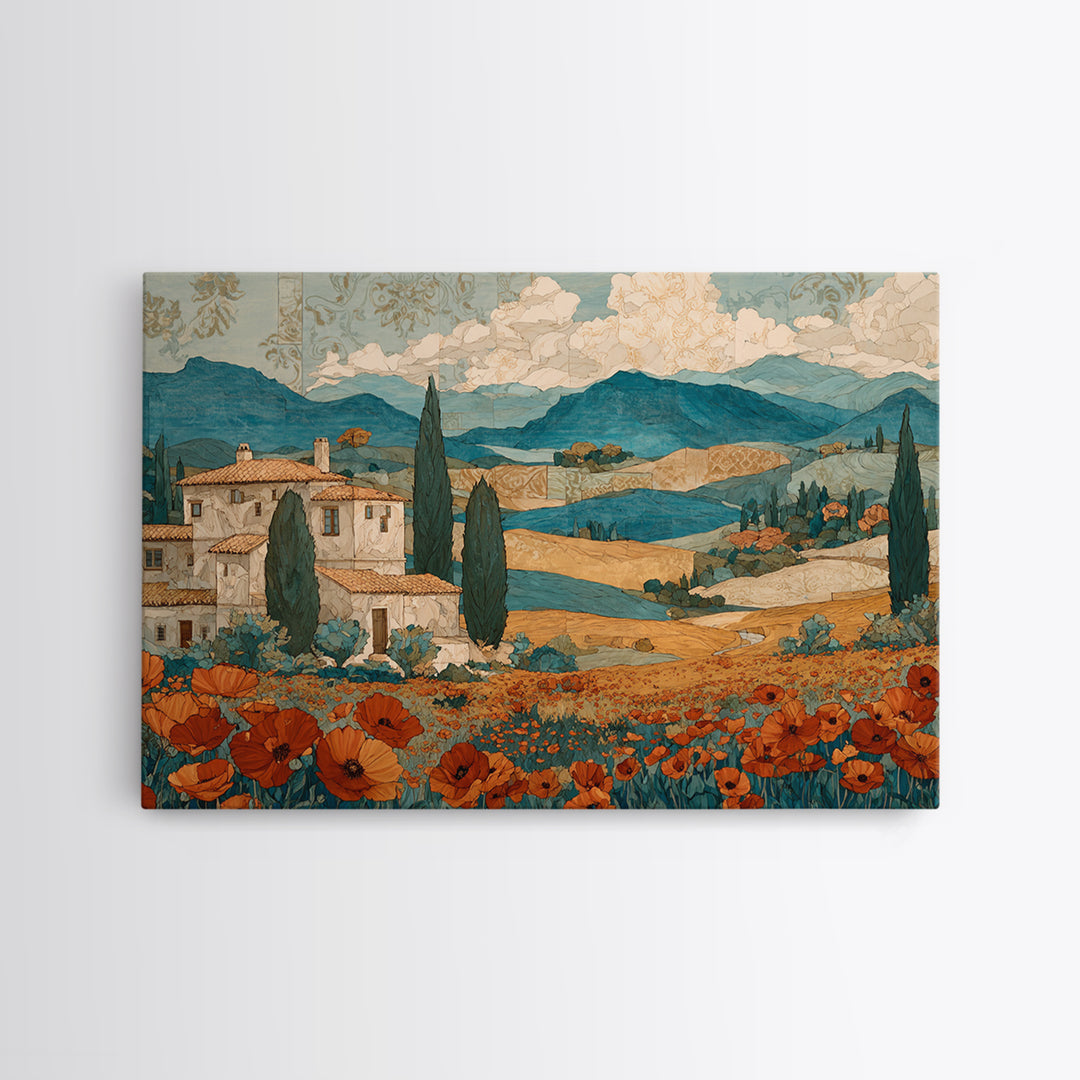Tuscan Poppy Field Canvas Print, Italian Villa Art, Landscape Art, Living Room Decor, Watercolor Art, Villa, IVA-3x2-67