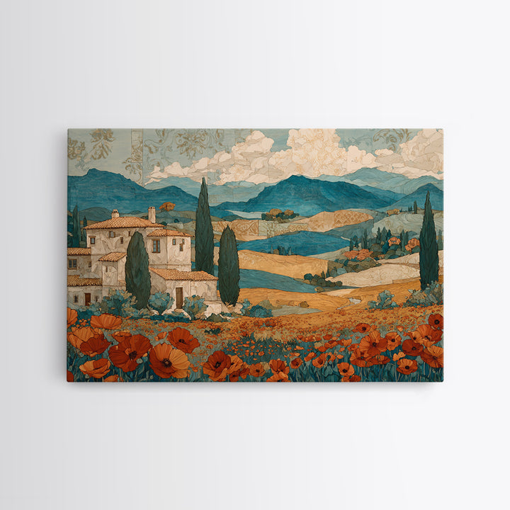 Tuscan Poppy Field Canvas Print, Italian Villa Art, Landscape Art, Living Room Decor, Watercolor Art, Villa, IVA-3x2-67