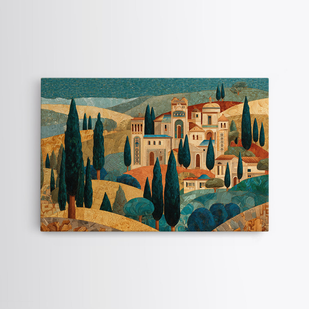 Tuscan Hillside with Cypress Trees and Golden Canvas Print, Italian Villa Art, Farmhouse Wall Art, Living Room Decor, Villa, IVA-3x2-77
