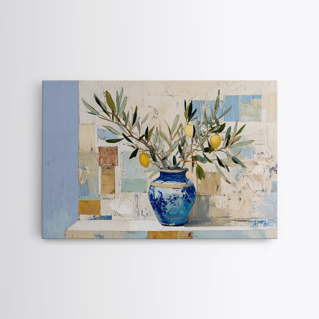 Lemon Branch in Blue Ceramic Vase Framed Canvas Print, Italian Villa Art, Bedroom Wall Art, Living Room Decor, Watercolor Art, IVA-3x2-78