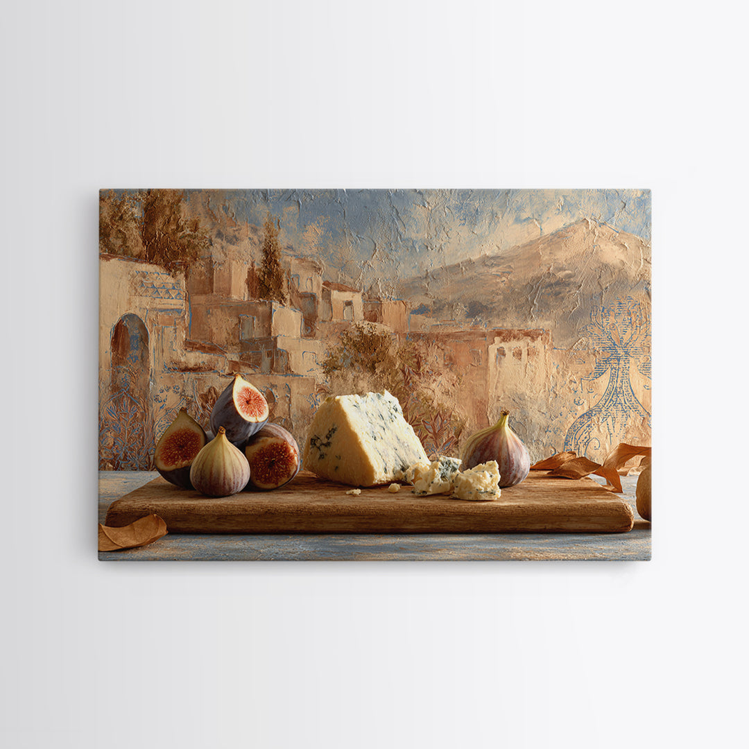 Figs and Cheese on Rustic Wooden Board Framed Canvas Print, Italian Villa Art, Bedroom Wall Decor, Living Room Decor, Villa, IVA-3x2-85