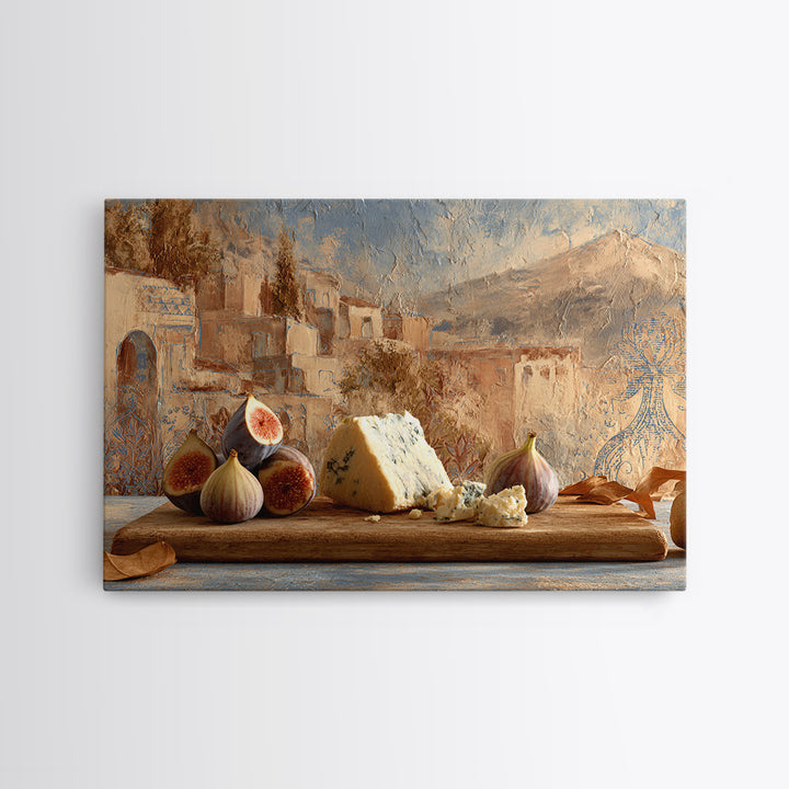 Figs and Cheese on Rustic Wooden Board Framed Canvas Print, Italian Villa Art, Bedroom Wall Decor, Living Room Decor, Villa, IVA-3x2-85