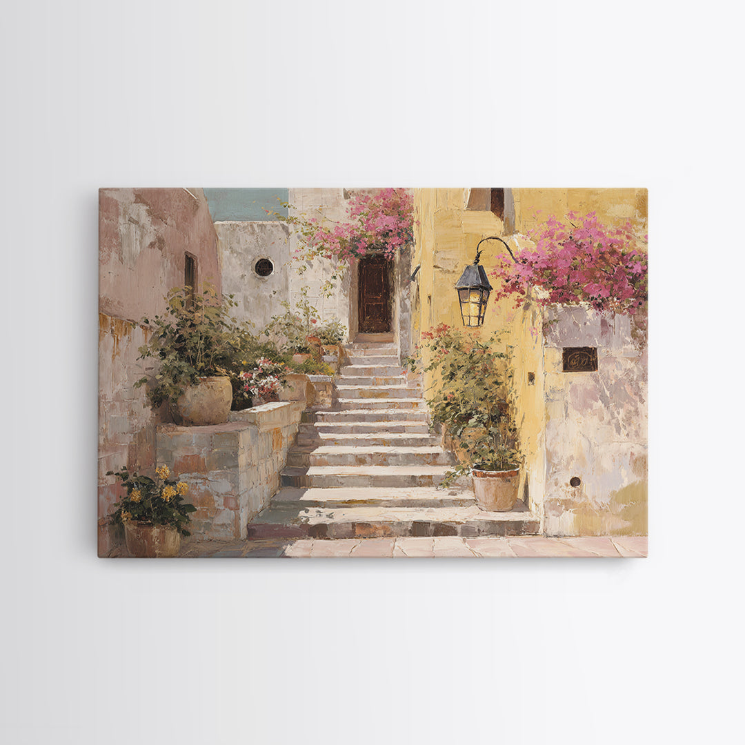 Sunlit Stone Stairway Framed Canvas Print, Italian Villa Art, Bedroom Wall Art, Living Room Decor, Villa, Travel Poster, IVA-3x2-87