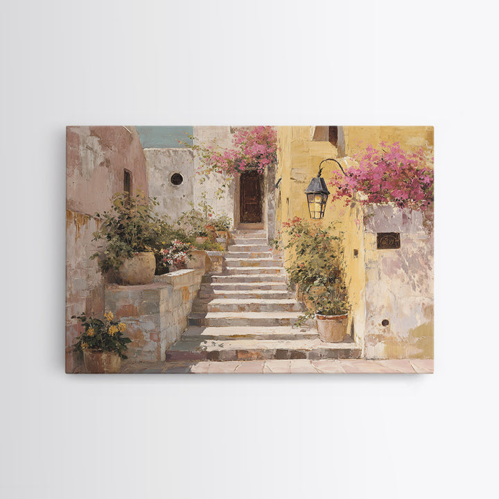 Sunlit Stone Stairway Framed Canvas Print, Italian Villa Art, Bedroom Wall Art, Living Room Decor, Villa, Travel Poster, IVA-3x2-87