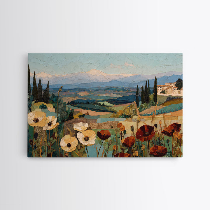 Tuscan Poppy Field Framed Canvas Print, Italian Villa Art, Travel Poster, Living Room Decor, Oil Painting, Villa, IVA-3x2-91