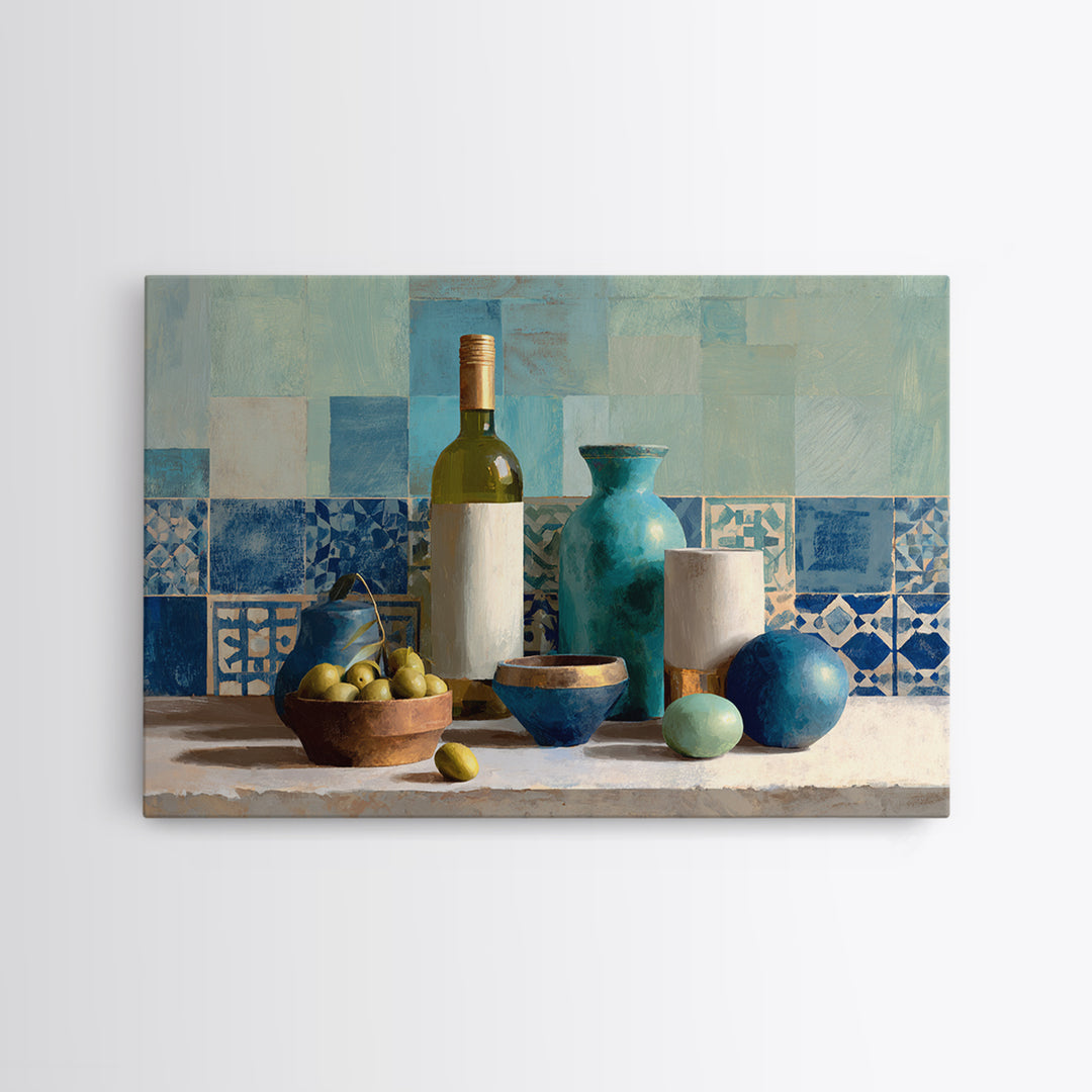 White Wine and Olives Still Life Framed Canvas Print, Italian Villa Art, Colorful Wall Art, Living Room Decor, Fine Art, Villa, IVA-3x2-92