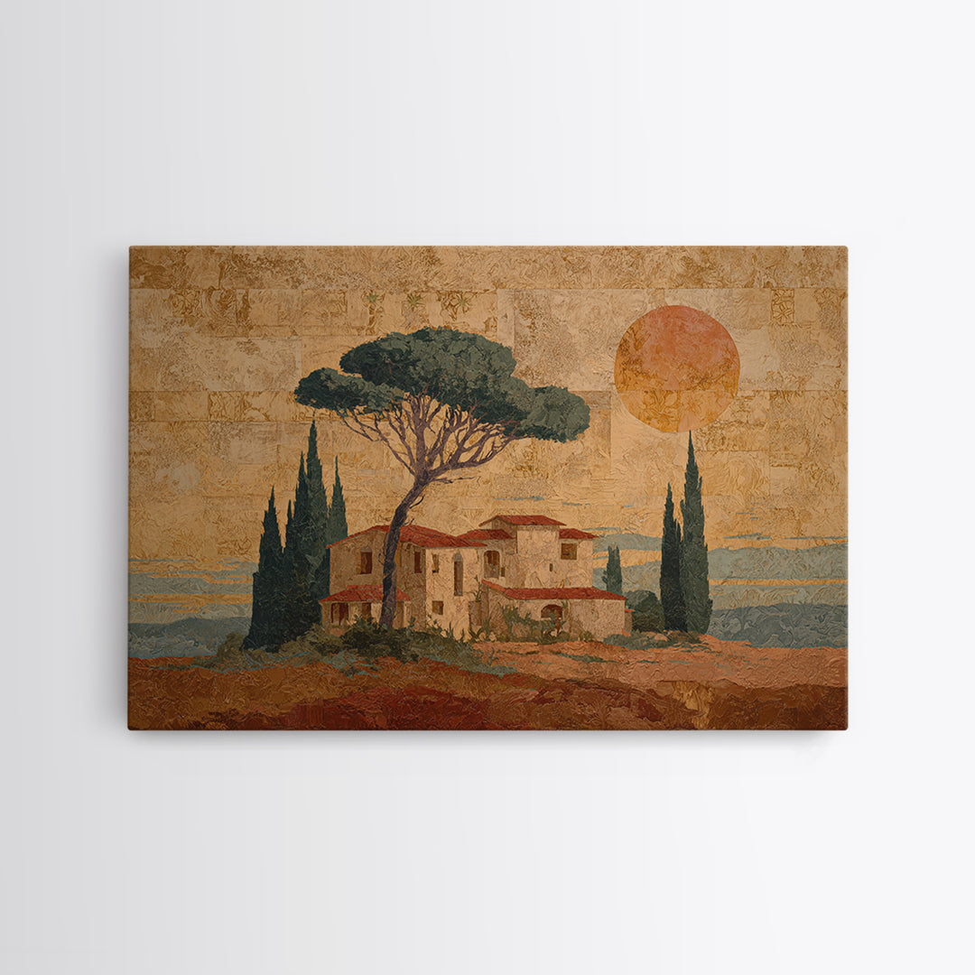 Cypress Silhouette at Sunset Framed Canvas Print, Italian Villa Art, Landscape Painting, Living Room Decor, Watercolor Art, IVA-3x2-97