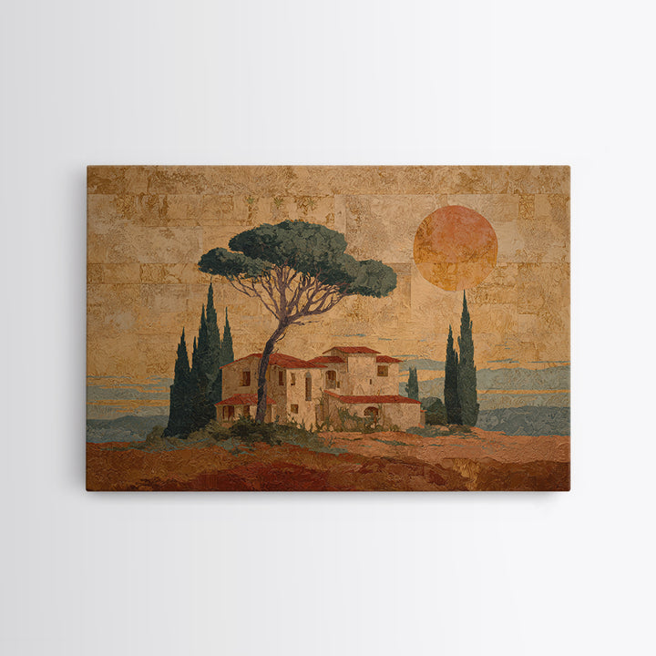 Cypress Silhouette at Sunset Framed Canvas Print, Italian Villa Art, Landscape Painting, Living Room Decor, Watercolor Art, IVA-3x2-97