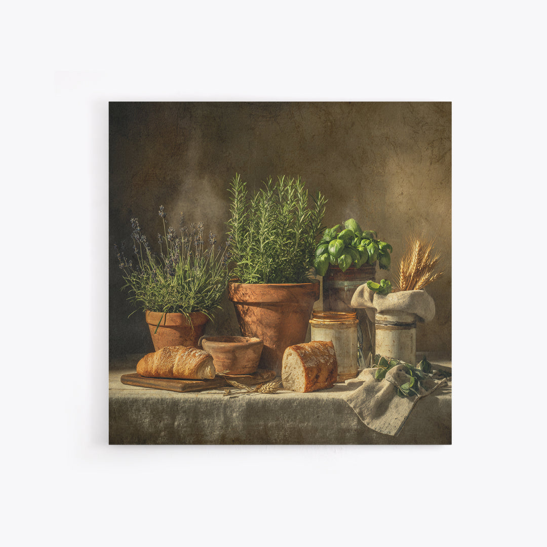 Fresh Herbs in Terracotta Pots Framed Canvas Print, Kitchen Art, Coffee Wall Art, Kitchen Decor, Fine Art, Kitchen, Room Decor, KIT-1x1-1