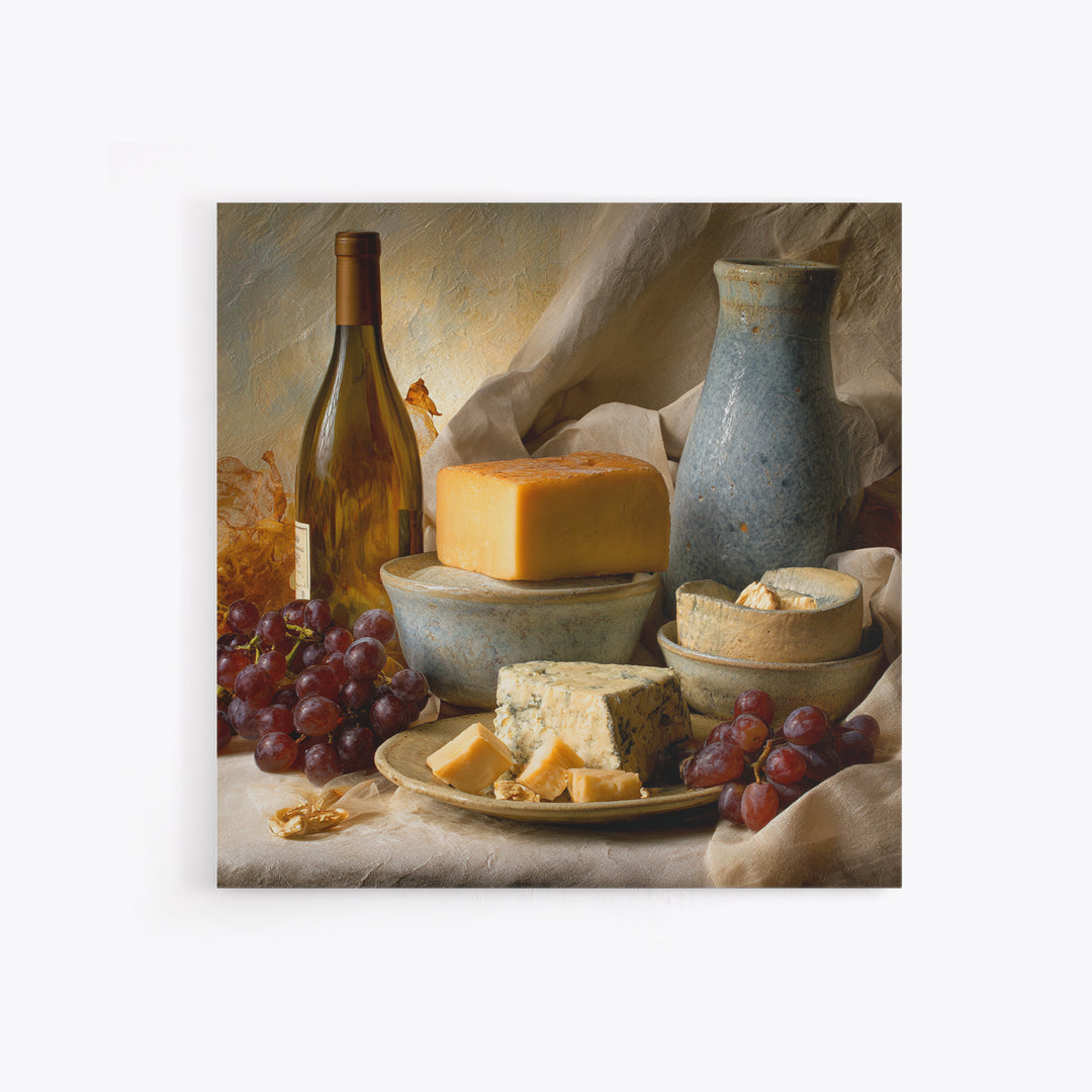 Wine Bottle Grapes and Cheese Still Life Framed Canvas Print, Kitchen Art, Kitchen, Kitchen Decor, Fine Art, Kitchen, KIT-1x1-12