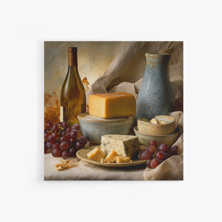 Wine Bottle Grapes and Cheese Still Life Framed Canvas Print, Kitchen Art, Kitchen, Kitchen Decor, Fine Art, Kitchen, KIT-1x1-12