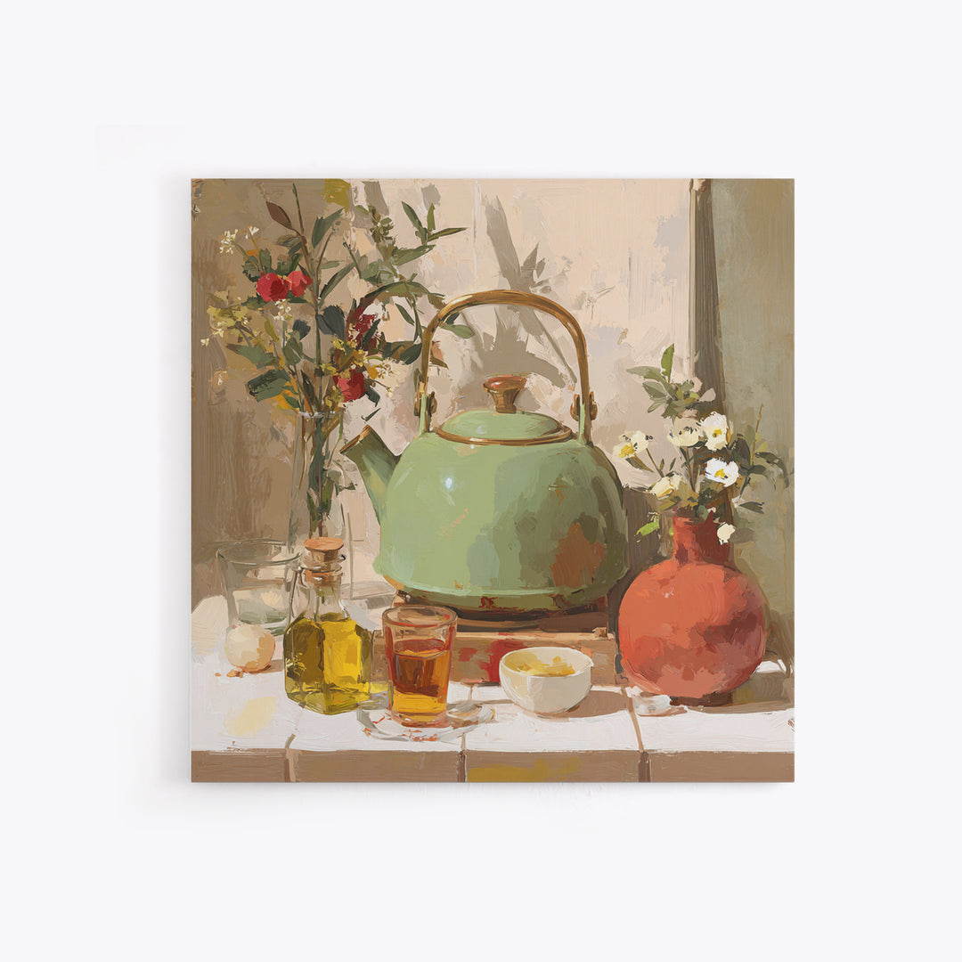 Tea Kettle with Steam and Wildflowers Canvas Print, Kitchen Art, Coffee Art, Kitchen Decor, Fine Art, Kitchen, Fine Art Print, KIT-1x1-14
