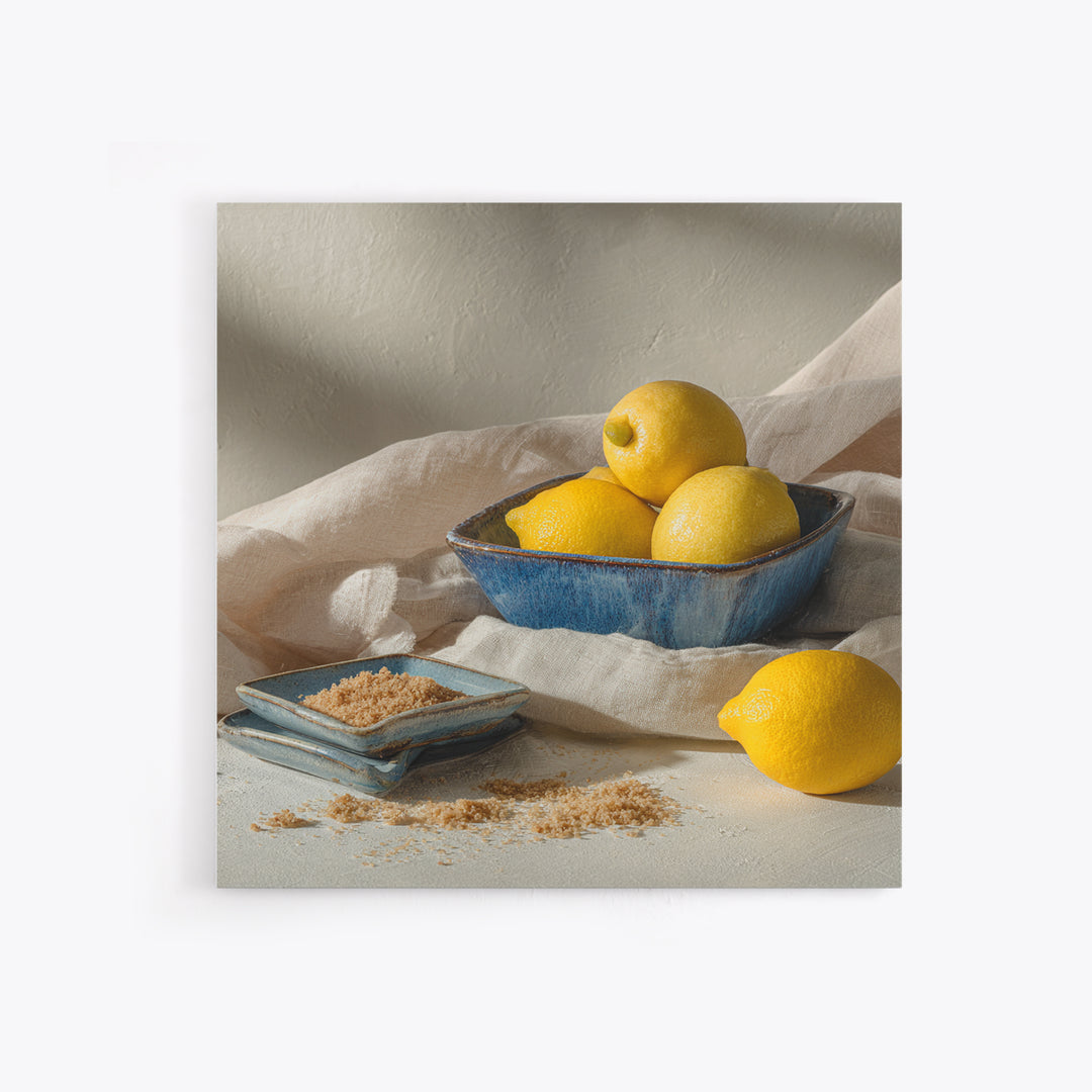 Lemons and Blue Ceramic Bowl Still Life Canvas Print, Kitchen Art, Trendy Wall Art, Kitchen Decor, Fine Art, Kitchen, KIT-1x1-26