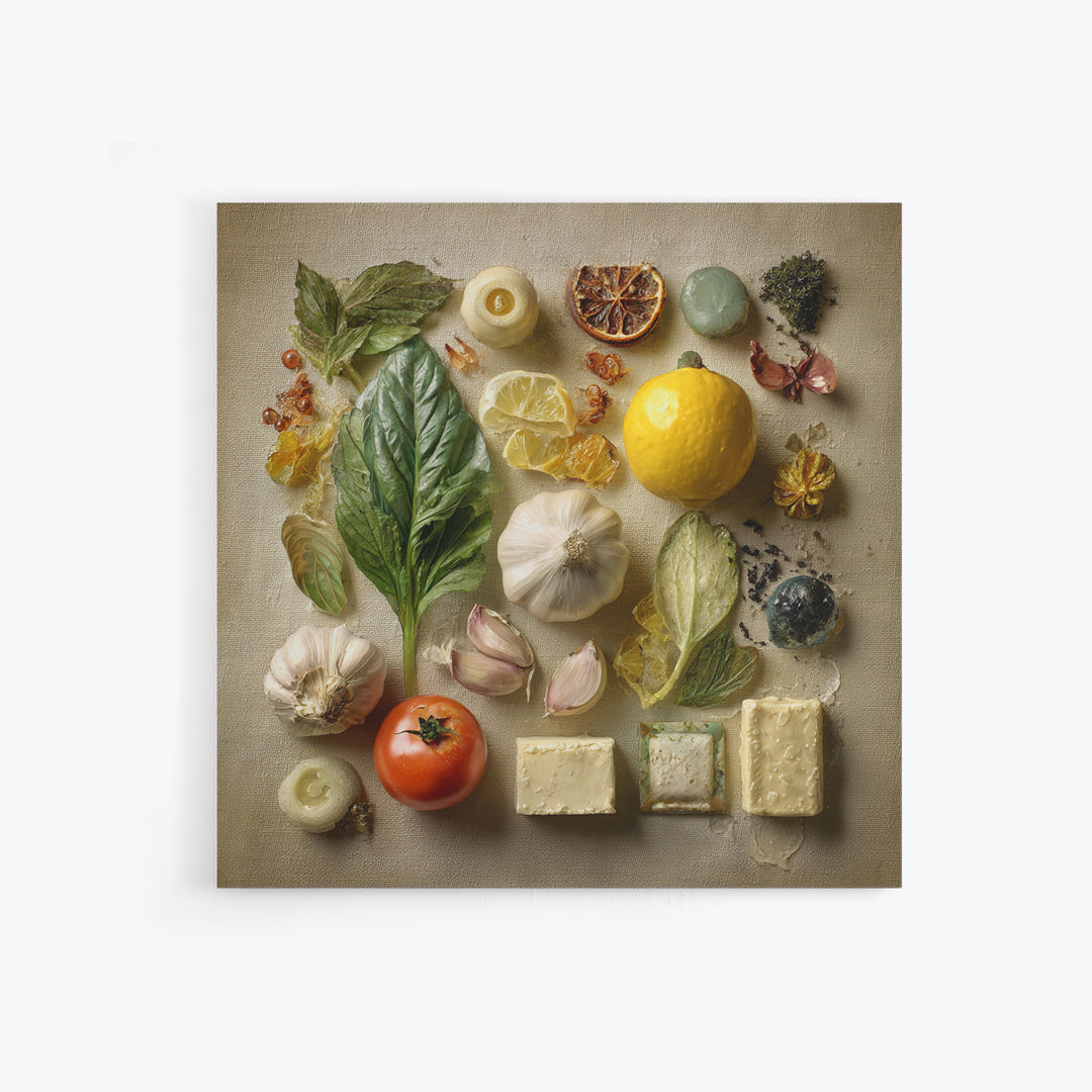 Tomatoes Garlic and Basil on Linen Canvas Print, Kitchen Art, Digital Wall Art, Kitchen Decor, Kitchen, Kitchen Prints, KIT-1x1-3