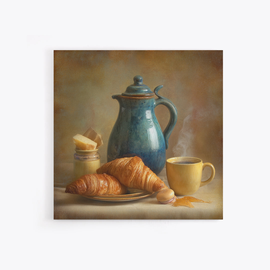 Coffee Pot and Croissant Morning Still Life Canvas Print, Kitchen Art, Kitchen Decor, Fine Art, Kitchen, Kitchen Art Print, KIT-1x1-31