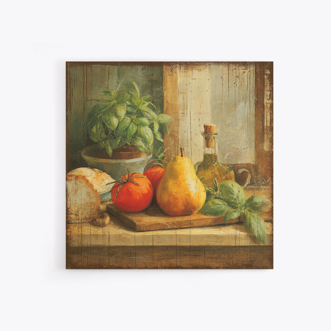 Farmhouse Pears on a Wooden Board Framed Canvas Print, Kitchen Art, Statement Artwork, Kitchen Decor, Abstract Art, Kitchen, KIT-1x1-33