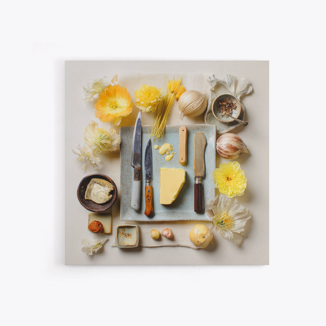 Chef Knives and Herbs Arranged as Graphic Framed Canvas Print, Kitchen Art, Kitchen Print, Kitchen Decor, Watercolor Art, KIT-1x1-34