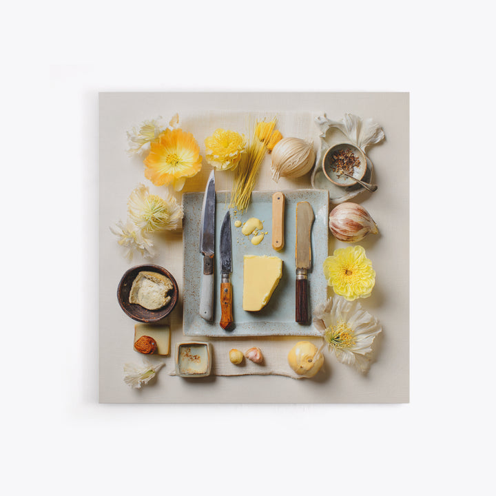 Chef Knives and Herbs Arranged as Graphic Framed Canvas Print, Kitchen Art, Kitchen Print, Kitchen Decor, Watercolor Art, KIT-1x1-34