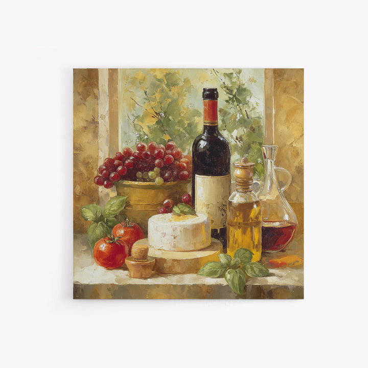 Wine Bottle Grapes and Cheese Still Life Canvas Print, Kitchen Art, Printable Wall Art, Kitchen Decor, Watercolor Art, Kitchen, KIT-1x1-36