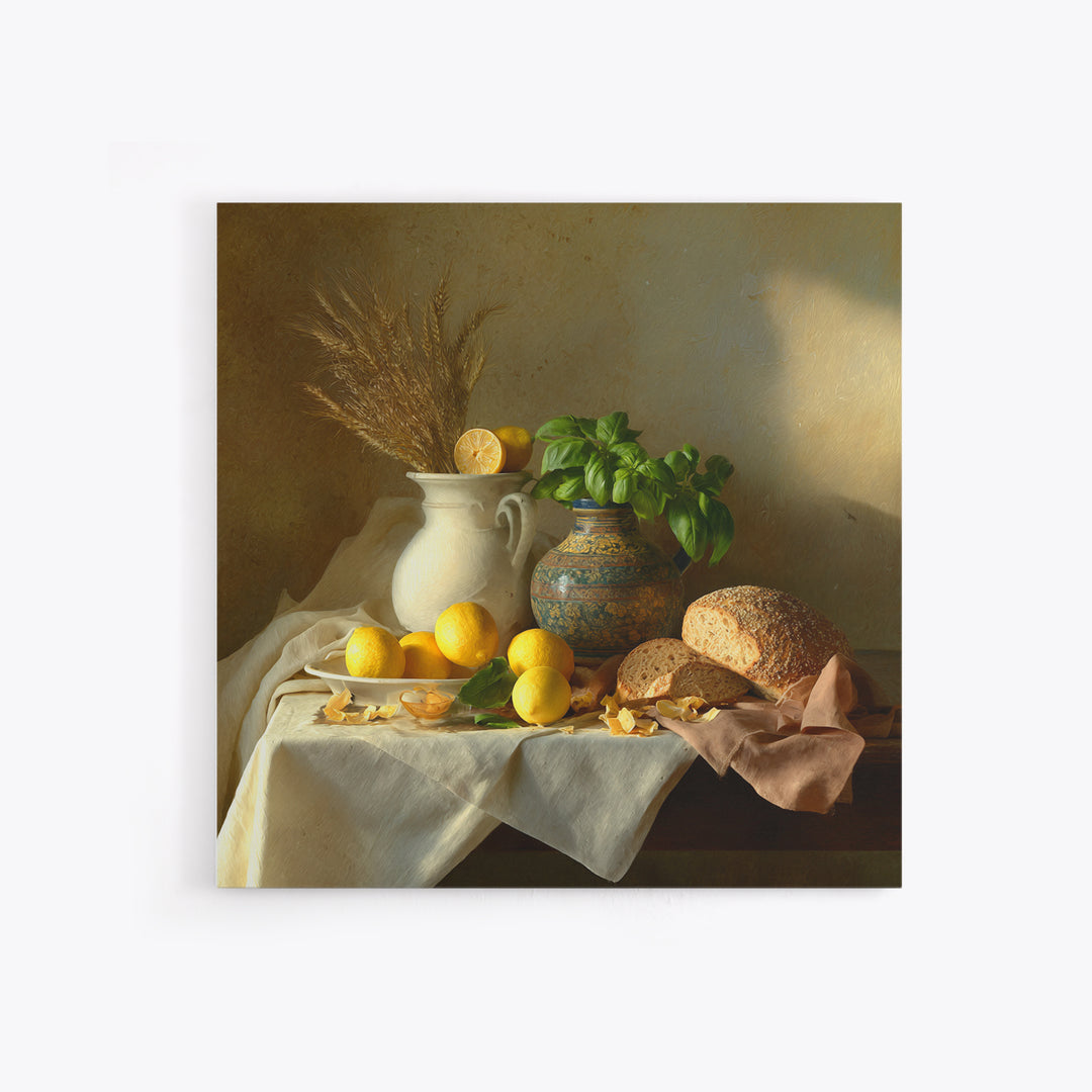 Pasta Lemons and Basil Mediterranean Still Life Framed Canvas Print, Kitchen Art, Gallery Decor, Kitchen Decor, Kitchen, KIT-1x1-41